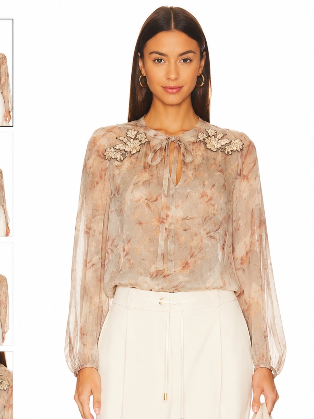 Zimmermann Silk Floral Appliqué Blouse Size 2 Romantic Sheer Tie Neck Top